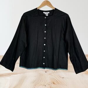 Debra Deroo Black 100% Linen Blouse Jacket Top Sz M Turquoise Beading at Hem